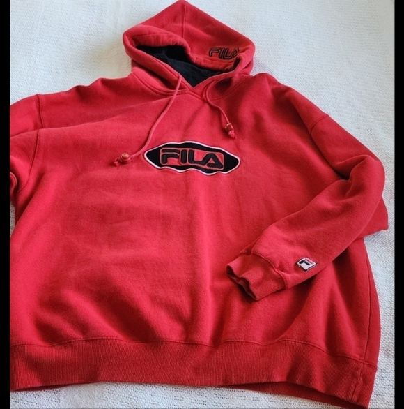 FILA mens XL hoodie red pullover sweatshirt logo on front, hood, sleeve - Picture 2 of 10